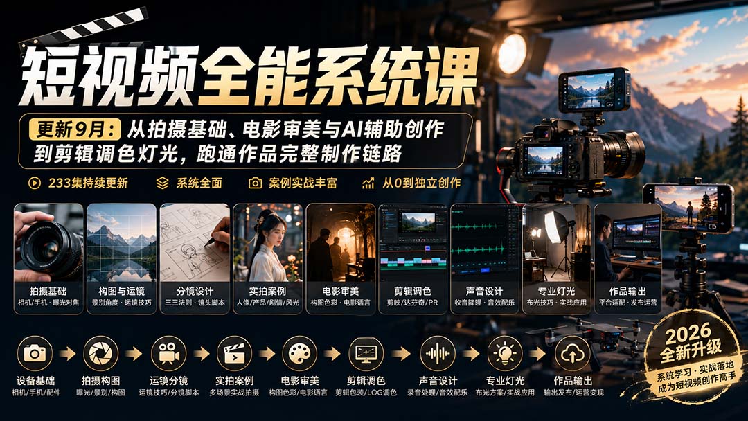 短视频全能系统课233集:拍摄剪辑调色灯光AI创作全流程 短视频全能系统课233集:拍摄剪辑调色灯光AI创作全流程
