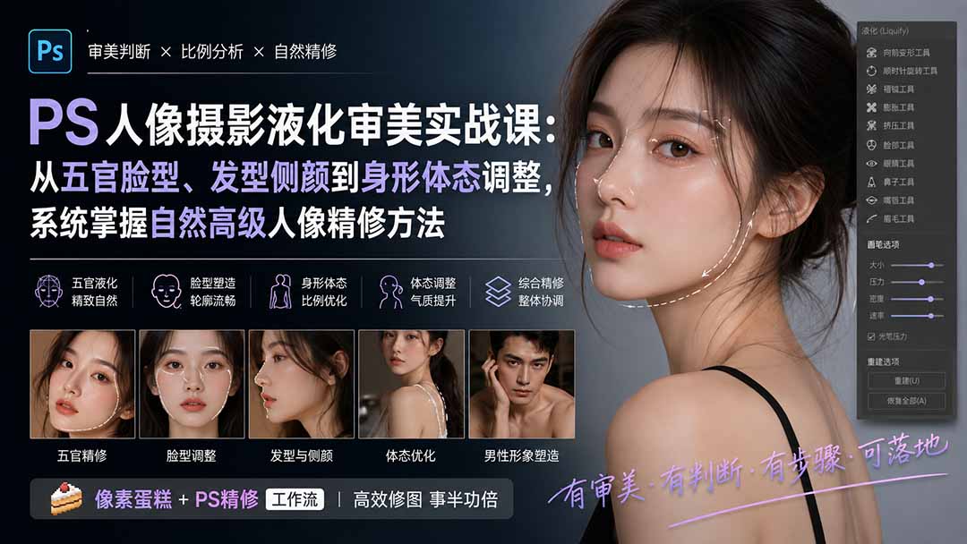 PS人像液化实战课：五官脸型发型身形精修，系统掌握自然高级人像液化方法