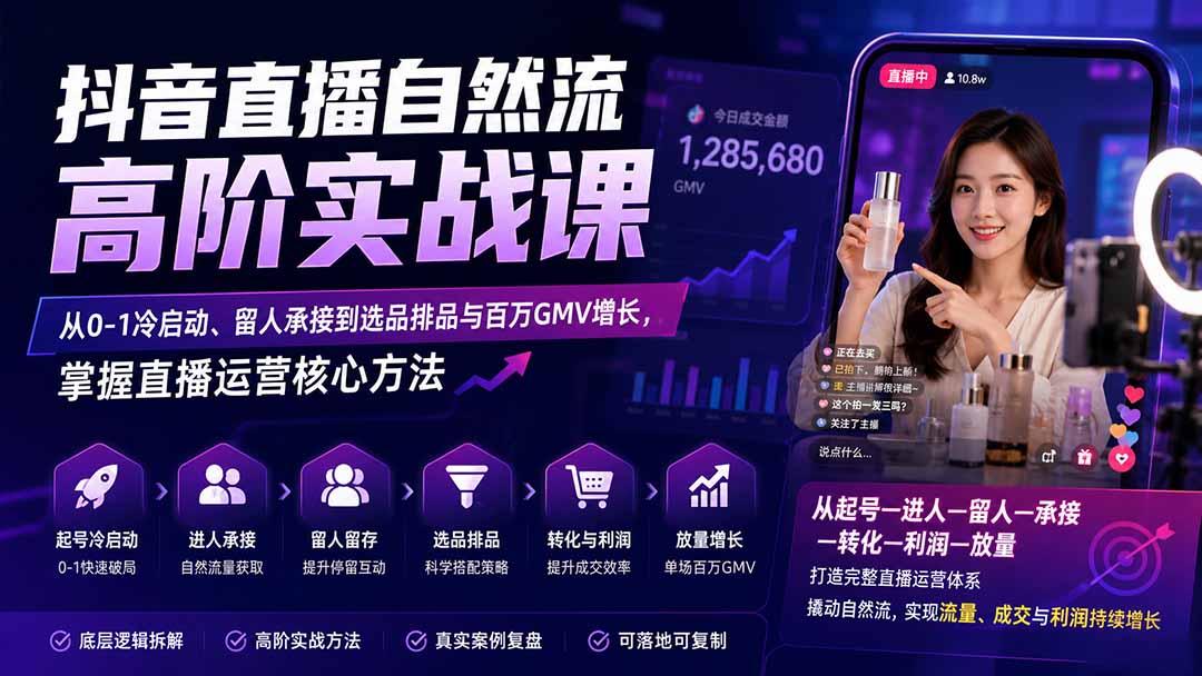 抖音直播自然流高阶实战：冷启动留人承接选品排品百万GMV增长运营课