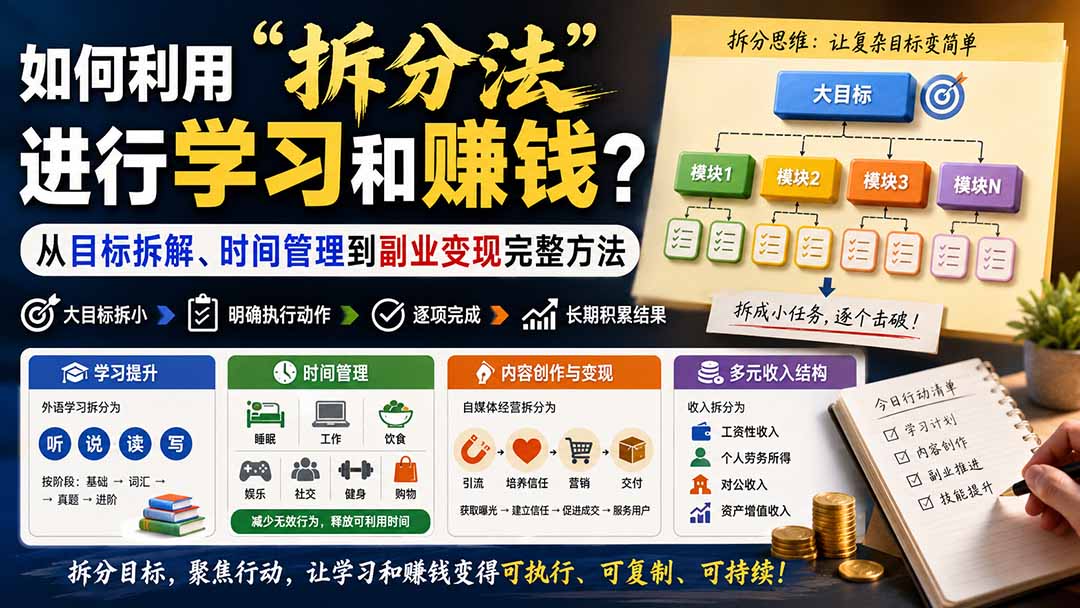付费文章：如何利用拆分法进行学习和赚钱？从目标拆解、时间管理到副业变现完整方法