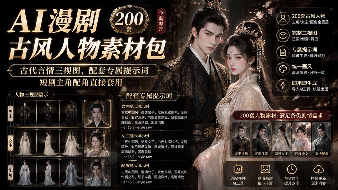 AI漫剧古风人物素材200步骤套+提示词｜古代言情三视图短剧主角配角直接套用