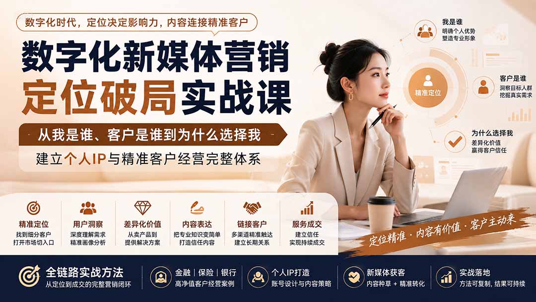 数字化新媒体营销定位破局实战课：从我是谁、客户是谁到为什么选择我，建立个人IP与精准客户经营完整体系