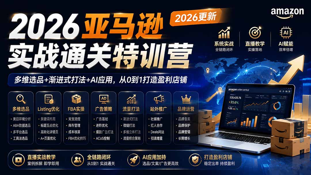 2026亚马逊实战通关特训营：多维选品+渐进式打法+AI应用，从0到1打造盈利店铺