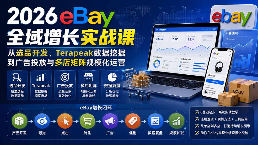 2026Vincent eBay全域增长实战课：Terapeak选品开发与广告投放多店矩阵运营