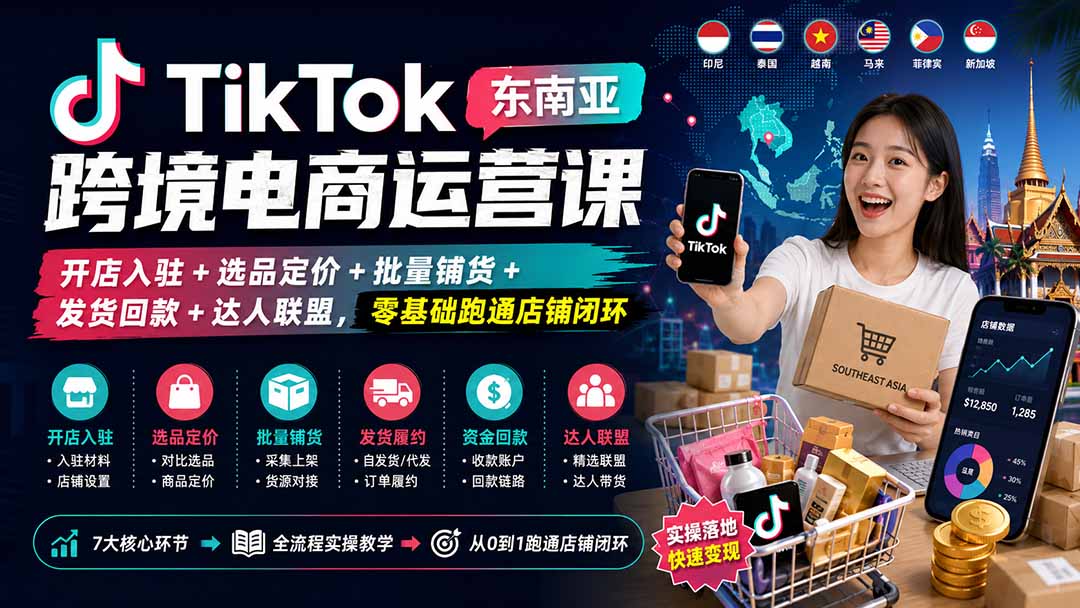 TikTok东南亚跨境电商实操课：开店入驻+选品定价+铺货+发货回款+达人联盟，零基础跑通店铺闭环