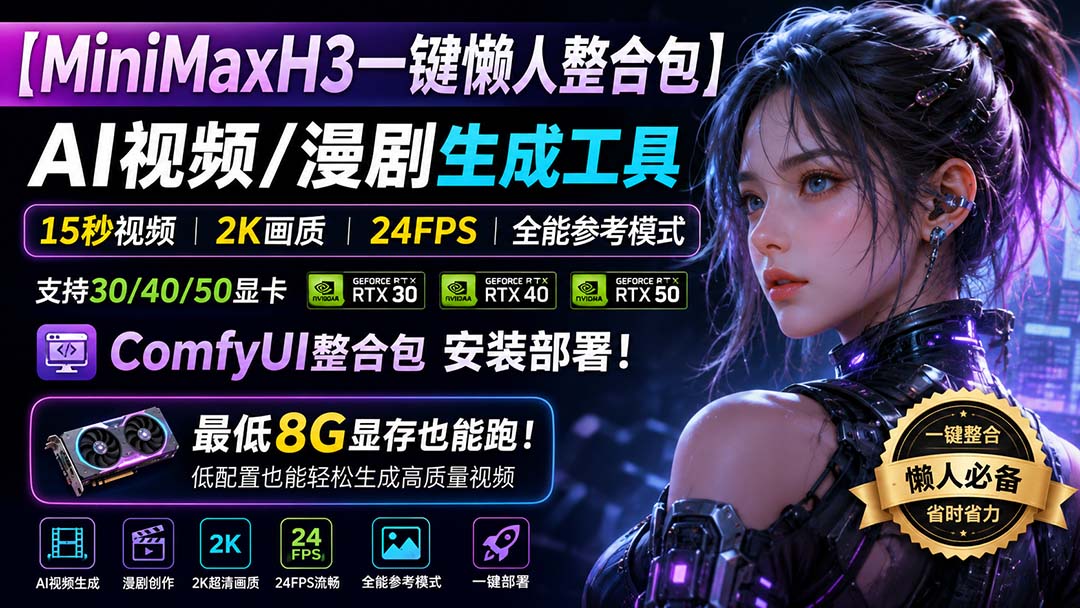 MiniMaxH3懒人整合包：AI视频漫剧生成，15秒2K视频24帧，ComfyUI部署教程，30/40/50