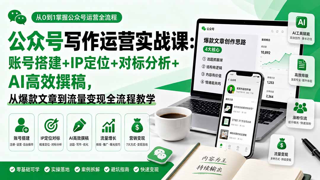 公众号写作运营实战课：零基础账号搭建+IP定位+对标分析+AI高效撰稿，爆款文章与流量变现全流程教学