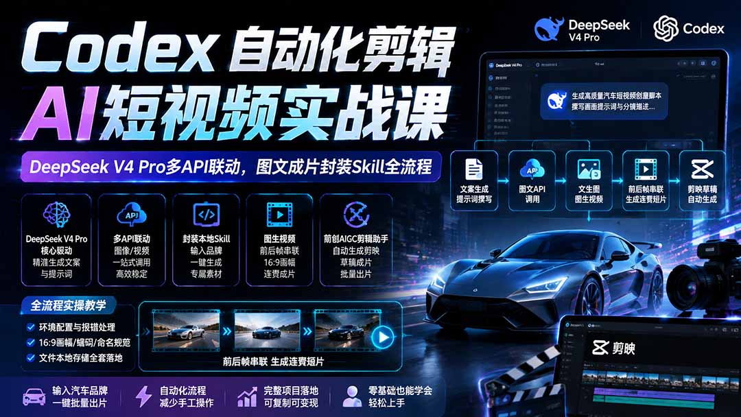 2026 Codex自动化剪辑实战：DeepSeek V4 Pro多API联动，图文成片封装Skill全流程