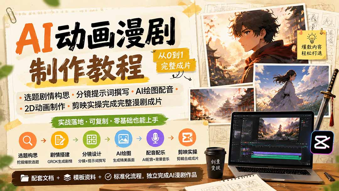 AI动画漫剧制作教程：选题分镜提示词·AI绘图配音·剪映2D动画成片实操