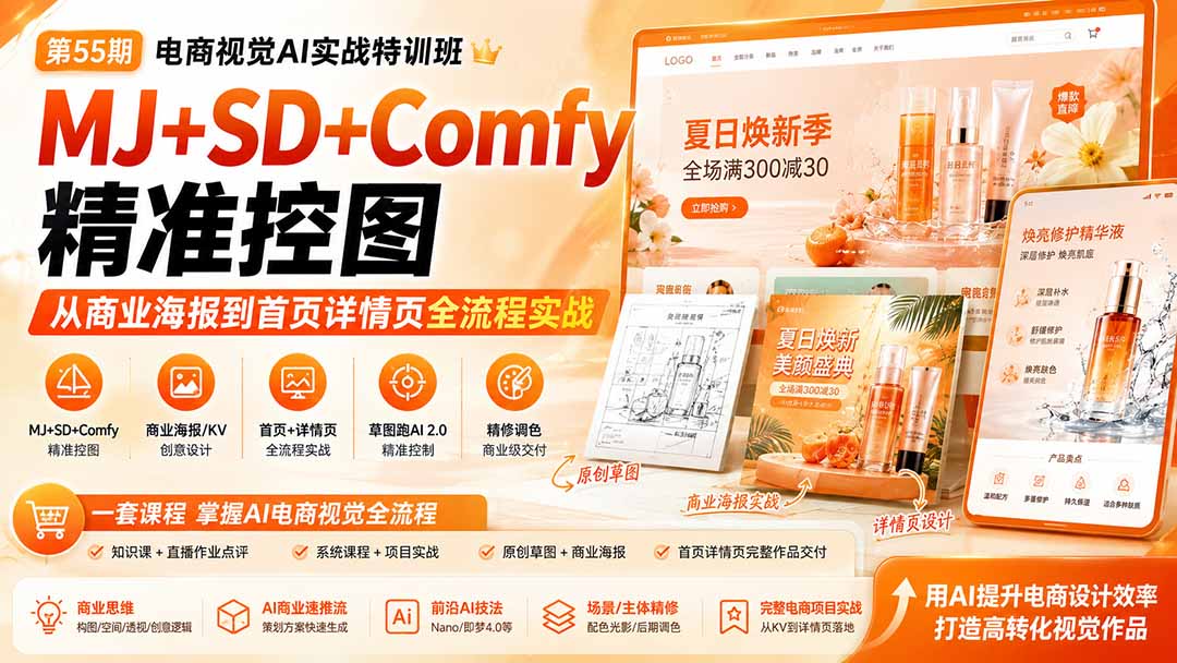 电商视觉AI实战训练营55期：MJ+SD+Comfy精准控图，商业海报与首页详情页全流程