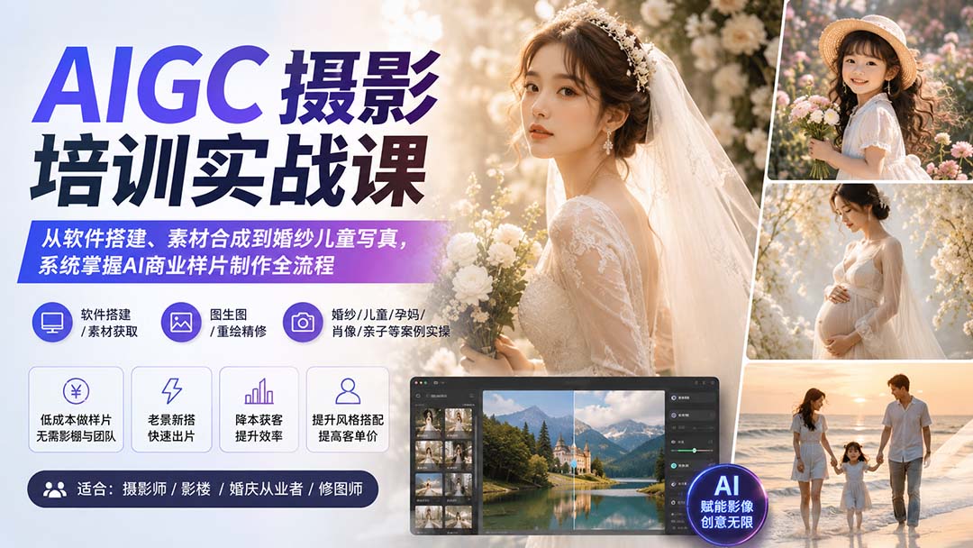 AIGC摄影培训实战课：从软件搭建到婚纱儿童写真，掌握AI商业样片制作全流程