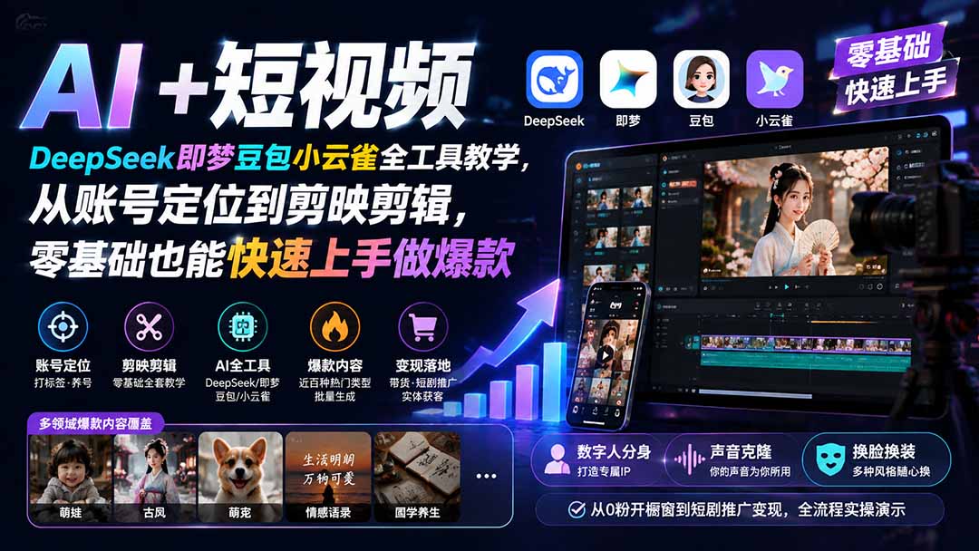 AI短视频实操课：DeepSeek即梦剪映全工具教学，零基础做爆款带货