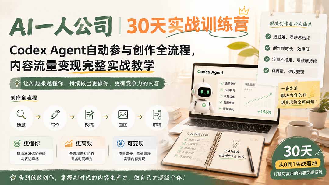 AI一人公司实战训练营：Codex Agent自动创作，内容变现全流程教学