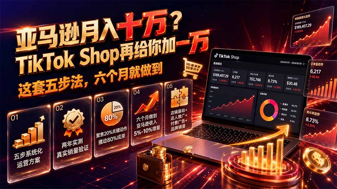 TikTok Shop五步法实操课：选品工具+创作者联盟+广告投放，6个月做到亚马逊收入10%