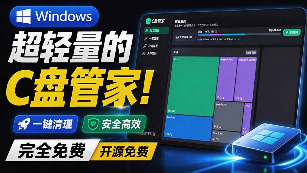 C盘空间不足？2.4M超轻量免费清理工具，秒级磁盘分析+深度清理，安全不误删