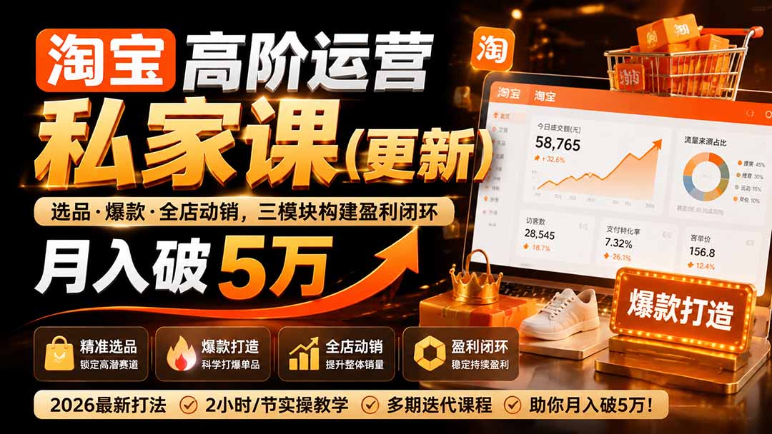 淘宝高阶运营私家课26年4月：选品爆款全店动销，关键词人群低价引流实操，盈利闭环变现5万