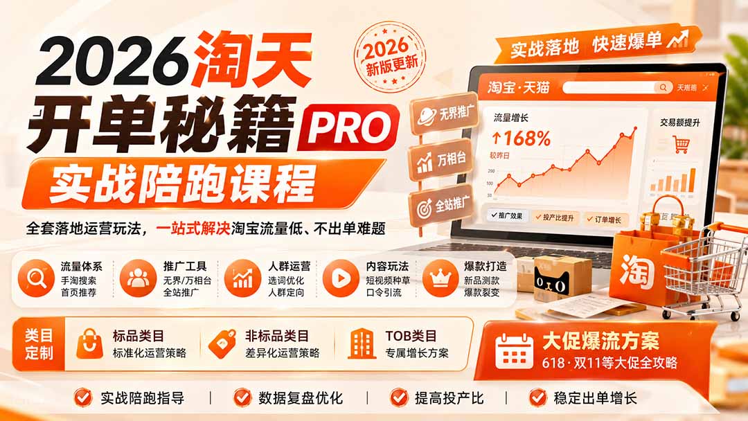 2026淘天实战陪跑：无界万相台爆款起量，手淘搜索推荐与大促流量一站式出单秘籍