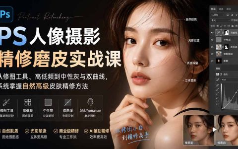 人像修图磨皮系统课：高低频中性灰双曲线与QBQ光影实战，从工具到商业精修工作流