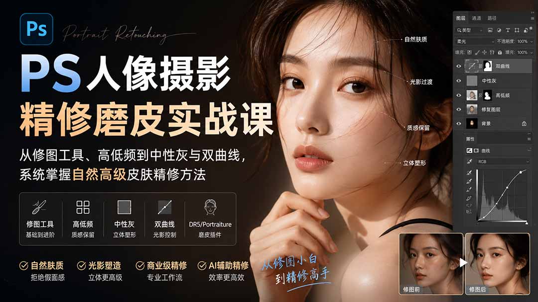 人像修图磨皮系统课：高低频中性灰双曲线与QBQ光影实战，从工具到商业精修工作流