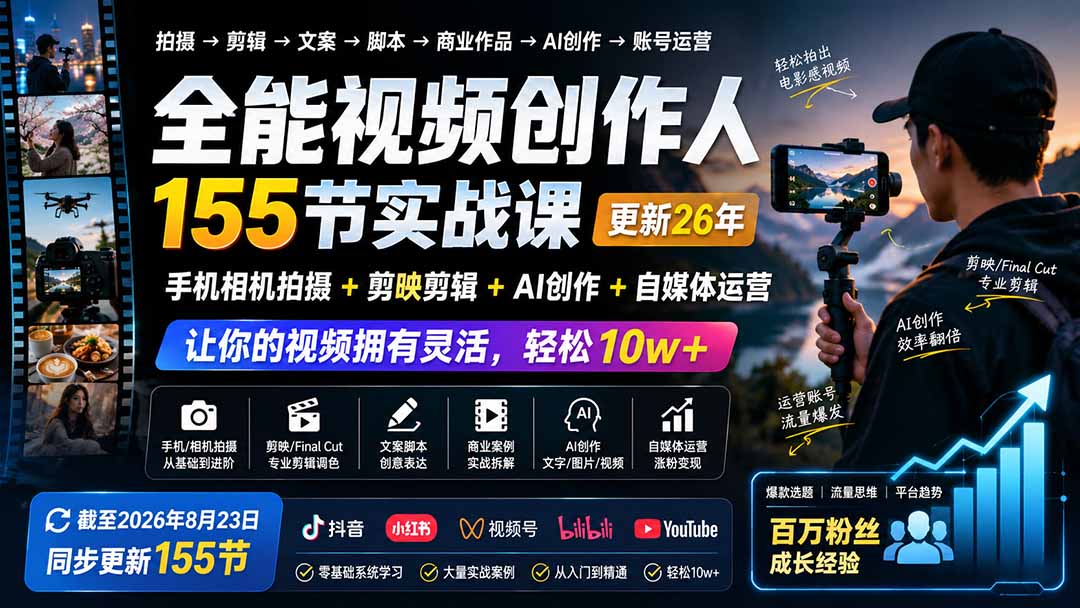 全能视频创作人155节实战课：手机相机拍摄+剪映AI创作+自媒体运营，零基础到10w+爆款