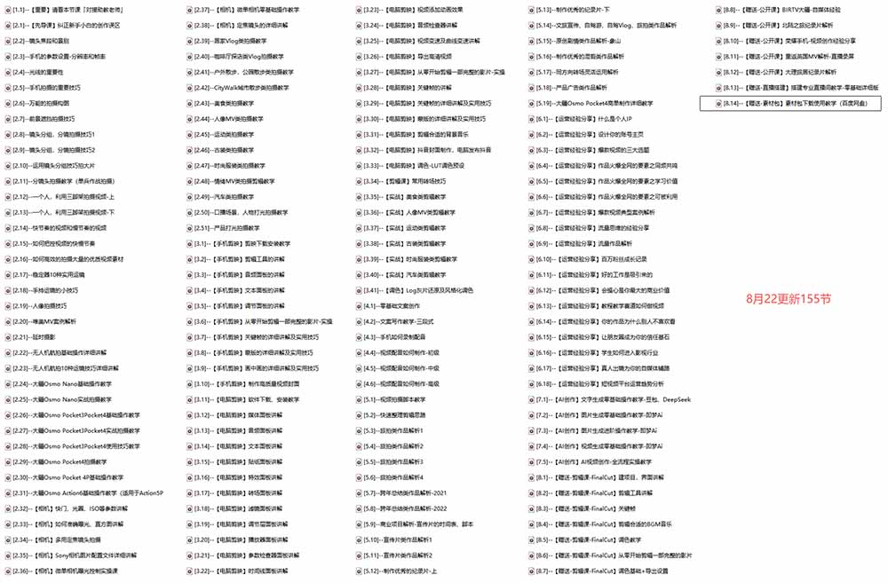 全能视频创作人155节实战课：手机相机拍摄+剪映AI创作+自媒体运营，零基础到10w+爆款