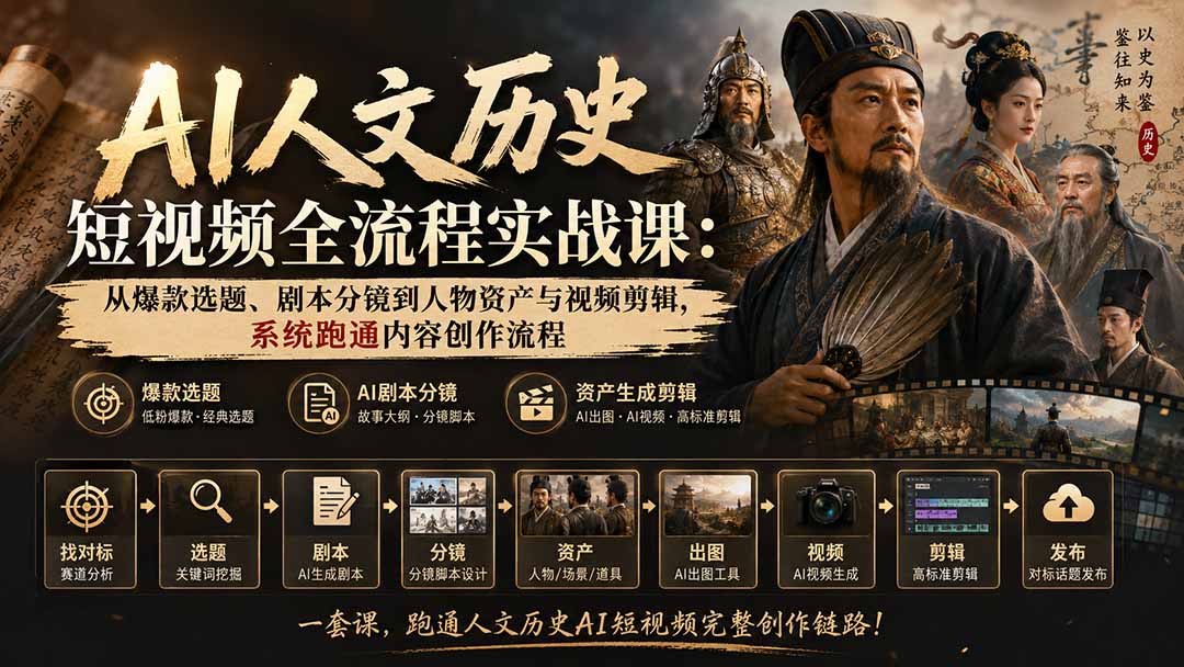 AI人文历史短视频实战课：爆款选题剧本分镜到剪映成片全流程