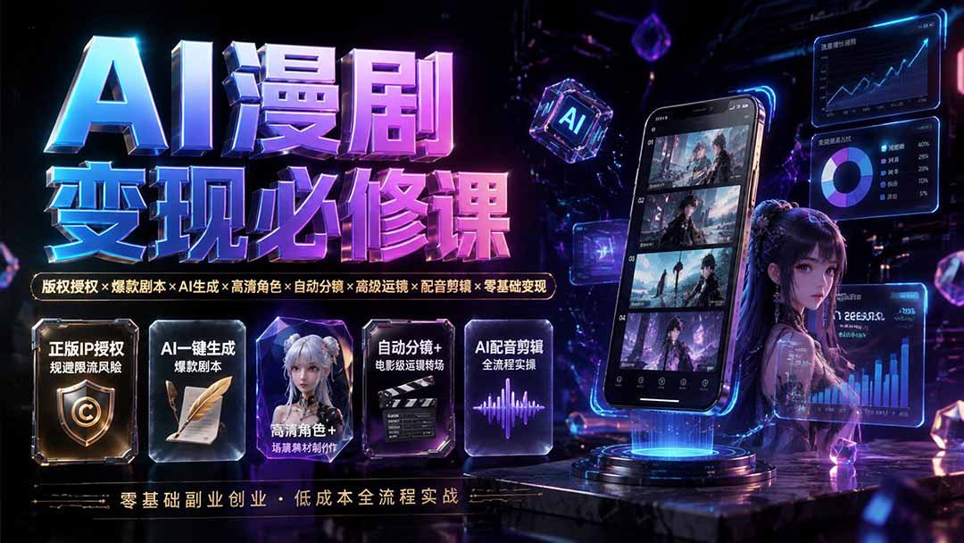 AI漫剧变现系统课：版权授权+爆款剧本+AI生成分镜+高清角色+高级运镜配音剪辑，零基础手机电脑副业实操