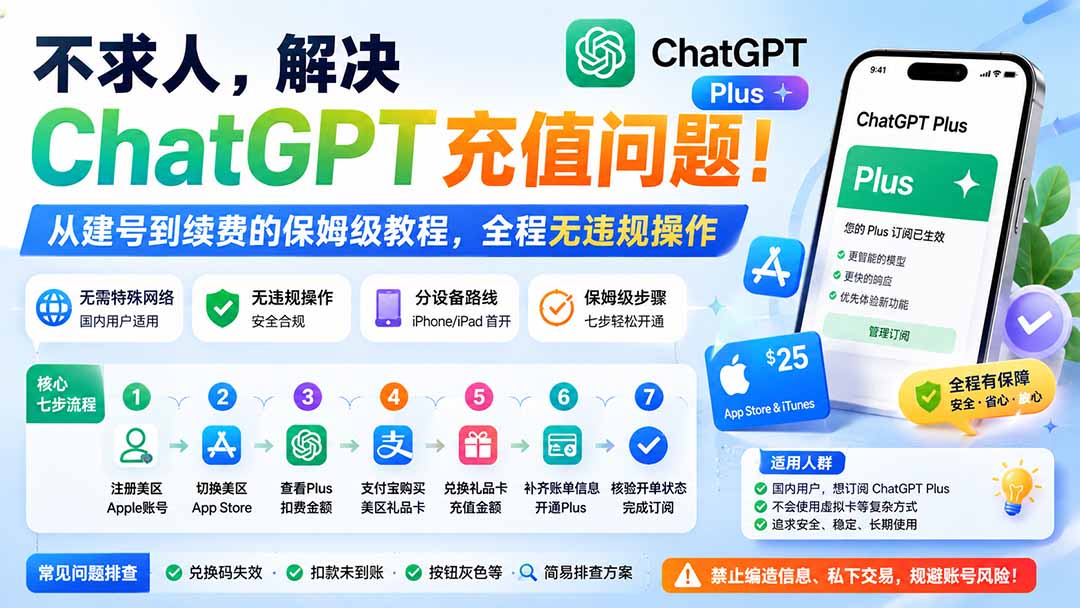 ChatGPT Plus充值保姆级教程：美区Apple ID+礼品卡，从建号到续费全流程