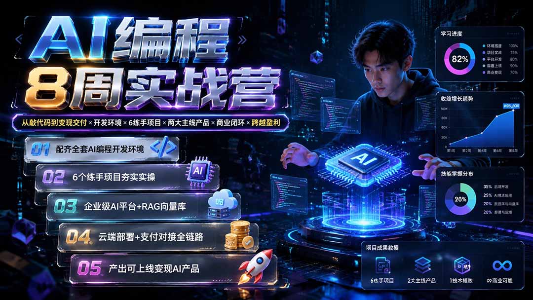 AI编程实战营：从开发环境到商业变现，6练手项目+2大产品带你打通盈利闭环