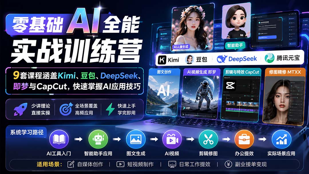 零基础AI实战训练营：Kimi豆包DeepSeek即梦CapCut九合一，AI视频剪辑副业速成
