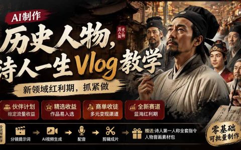 AI历史人物Vlog制作课，零基础不露脸短视频变现，附提示词素材