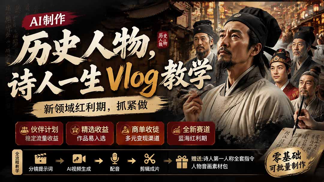 AI历史人物Vlog制作课，零基础不露脸短视频变现，附提示词素材