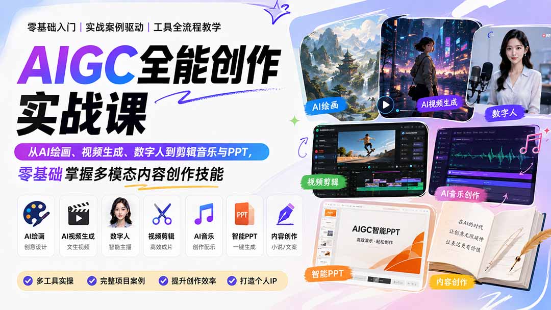 AIGC全能创作实战课：AI绘画视频制作数字人剪辑音乐PPT零基础入门