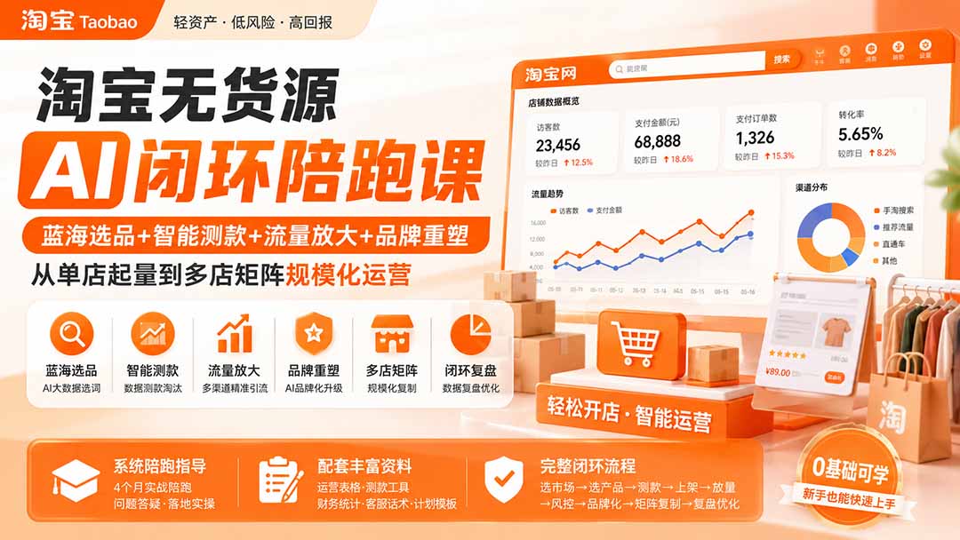 淘宝无货源AI陪跑课：蓝海选品测款+流量放大+品牌矩阵，从单店到多店规模化运营