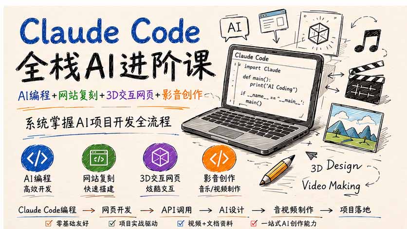 Claude Code全栈AI进阶：AI编程+3D交互网页+影音创作，零基础系统实战