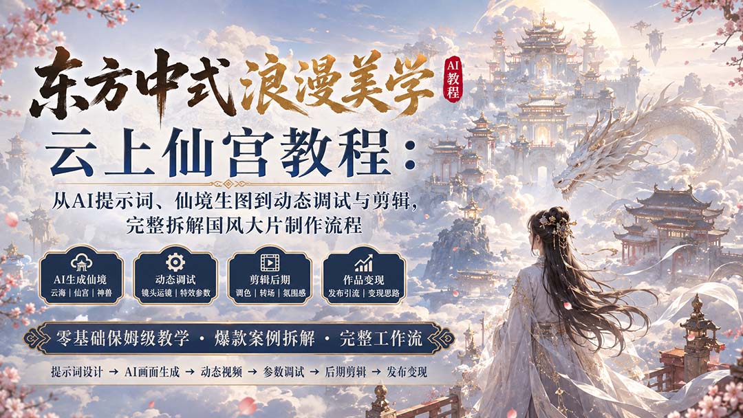 东方中式浪漫美学云上仙宫AI视频教程：提示词生图到动态剪辑全流程拆解