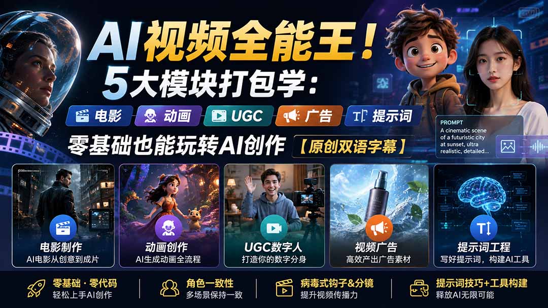 AI视频制作全攻略:电影动画广告UGC数字人提示词工程,零基础玩转AI创作工具 AI视频制作全攻略:电影动画广告UGC数字人提示词工程,零基础玩转AI创作工具