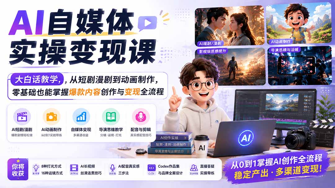AI自媒体实操变现课：大白话教学，零基础掌握短剧漫剧动画制作与爆款变现全流程