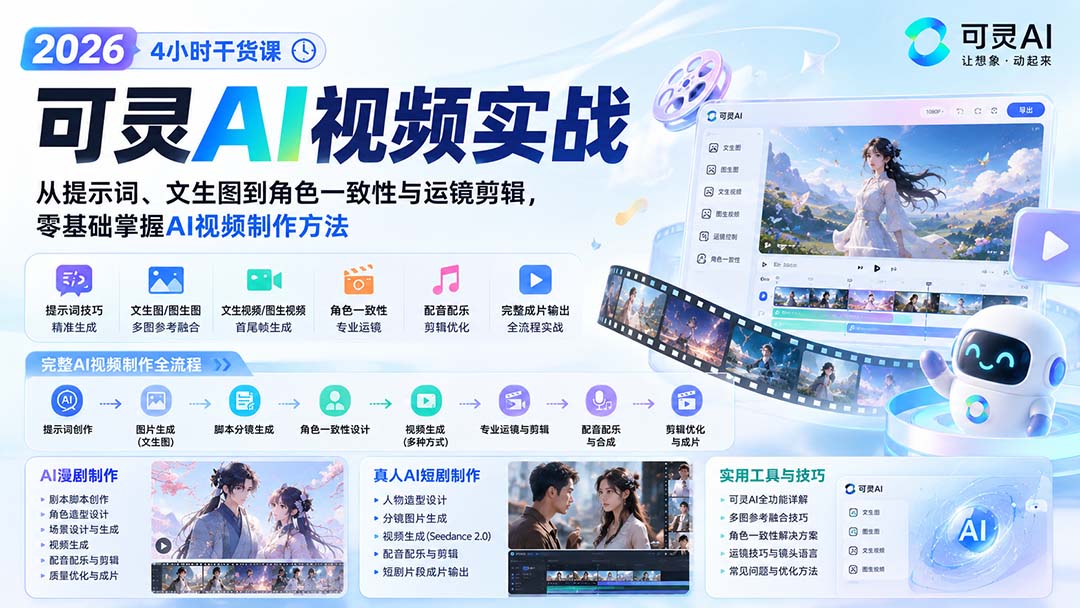 2026可灵AI视频教程：零基础提示词到角色一致性与运镜剪辑，AI漫剧短剧制作全流程