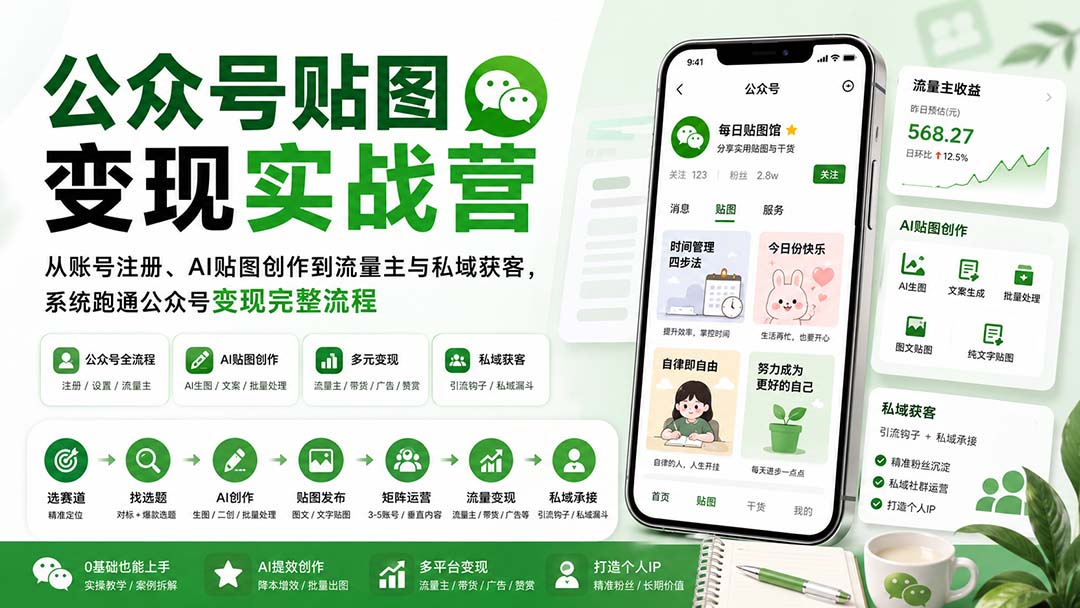 公众号贴图变现实战营：AI生图+矩阵运营，从注册到流量主私域获客全流程