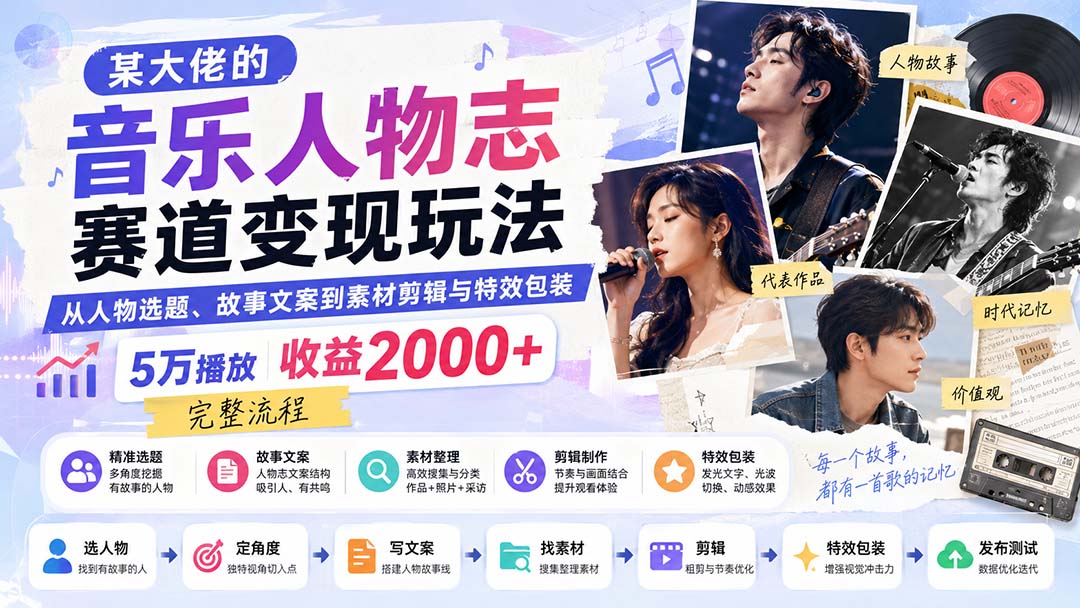 音乐人物志视频变现课：选题文案+剪辑特效全流程，5万播放赚200步骤0+