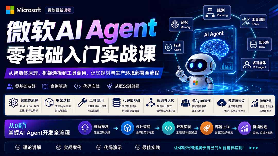 微软AI Agent实战课：从原理框架到工具调用与生产部署
