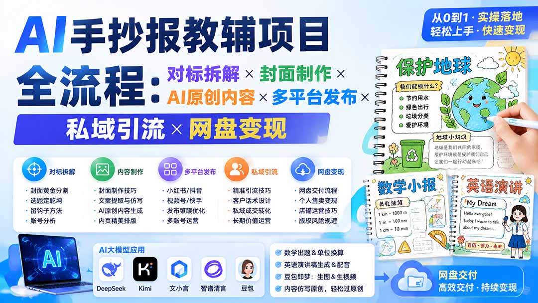 AI手抄报教辅变现全流程：对标拆解×AI原创×多平台引流×网盘私域