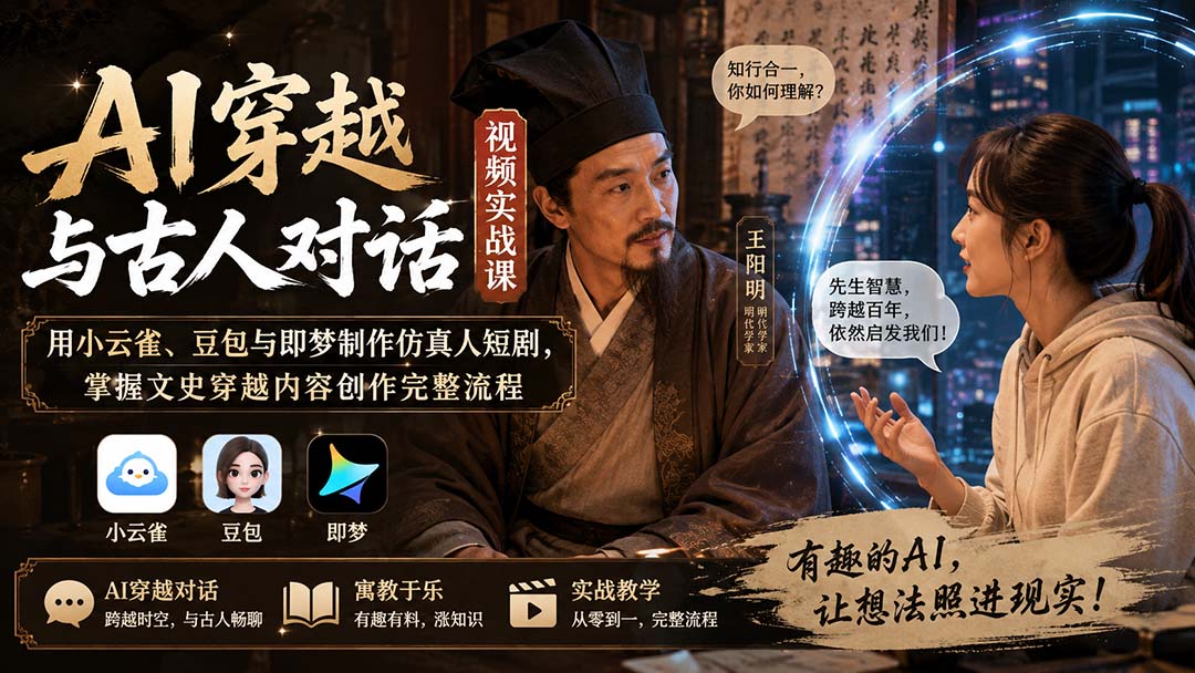 AI穿越短剧实战课：小云雀豆包即梦制作仿真人对话视频，零基础学文史创作