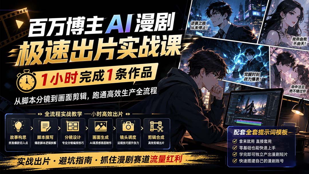 百万博主AI漫剧实战课：1小时产出爆款短剧，脚本分镜到剪辑全流程