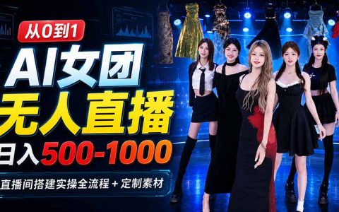 AI女团无人直播被动收入500步骤-100步骤0/天，直播间搭建实操全流程+定制素材教程