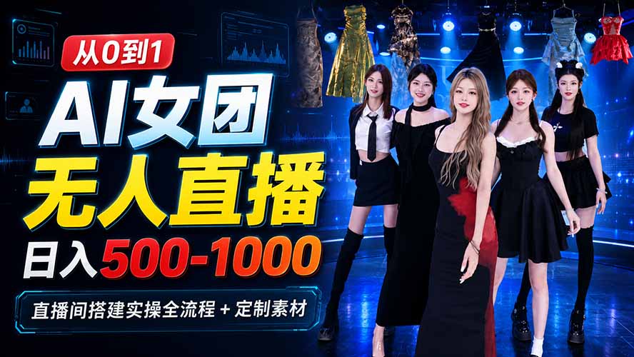 AI女团无人直播被动收入500步骤-100步骤0/天，直播间搭建实操全流程+定制素材教程