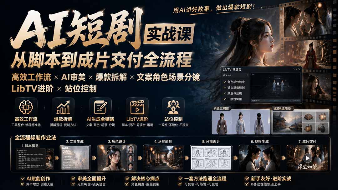 AI短剧实战课：LibTV分镜站位控制，从脚本到成片全流程，爆款拆解与角色场景设计