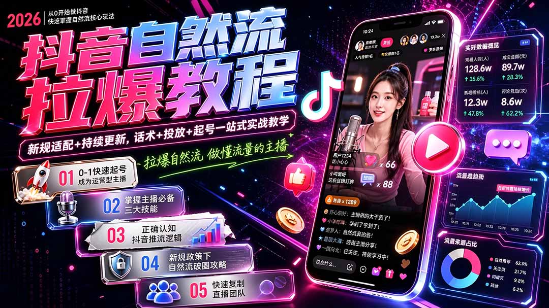 抖音自然流拉爆教程：懂流量主播实战，话术+投放+起号新规适配