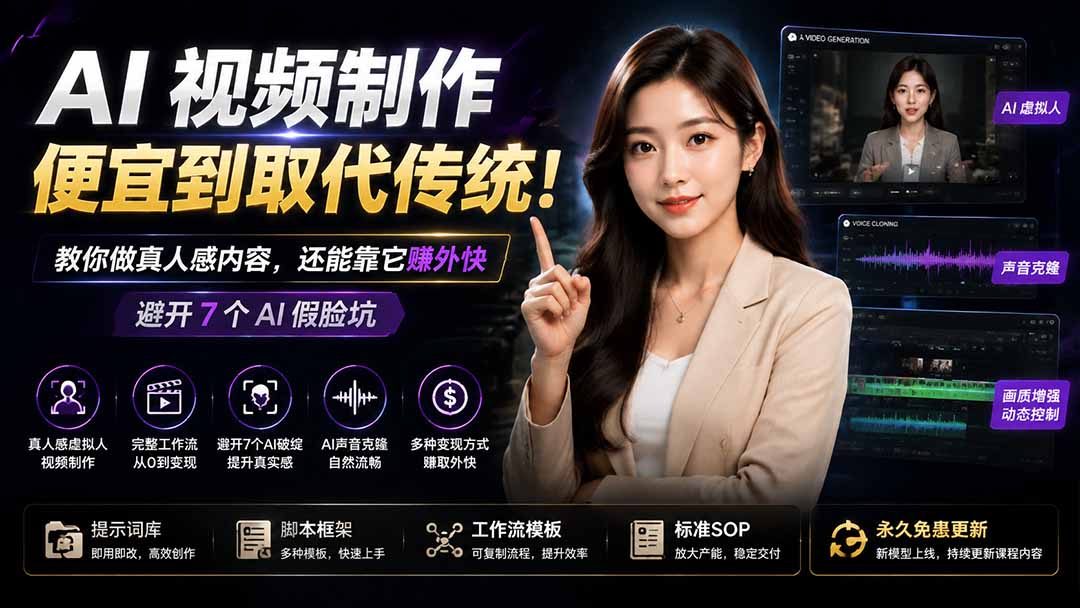 AI视频制作教程：虚拟人+声音克隆变现课，避开7个AI假脸坑